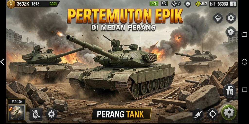 Screenshot dari gameplay 369ZK menampilkan pertempuran tank yang intens.